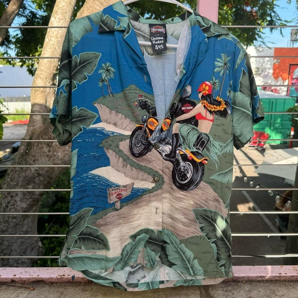 Harley-Davidson Blue and Green Motorcycle Print Shirt